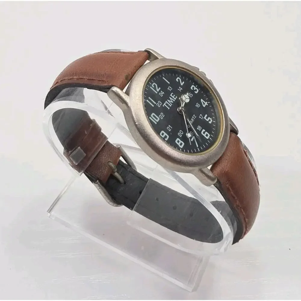 Time Military Dial Silver Tone Quartz Brown Leather Band Watch New Battery W279
